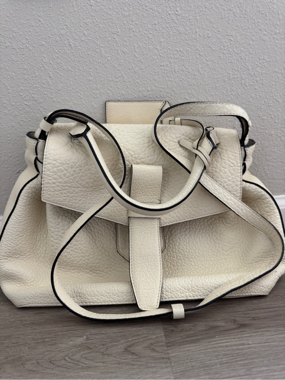Pebbled Cream Leather Satchel with Top Strap